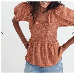NWT Madewell Women's Bubble-Sleeve Smocked Peplum Top in Berry Stems 14